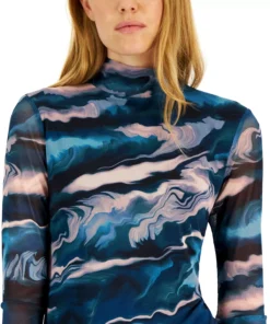 Anne Klein Women's Printed Mesh-Sleeve Mock-Neck Top -CeCe cloth-shop 22837107 fpx