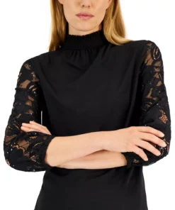 Anne Klein Women's Mixed-Media Lace-Sleeve Top -CeCe cloth-shop 22837367 fpx