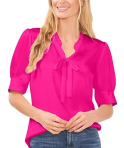 CeCe Women's Tie-Neck Short-Puff-Sleeve Top