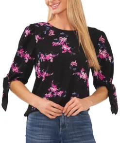 CeCe Women's Floral-Print Tie-Sleeve Round-Neck Blouse