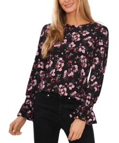 CeCe Women's Floral-Print Long-Sleeve Smocked-Cuff Top