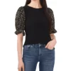 CeCe Women's Mixed-Media Short-Puff-Sleeve Top