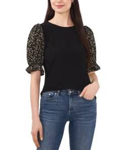 CeCe Women's Mixed-Media Short-Puff-Sleeve Top