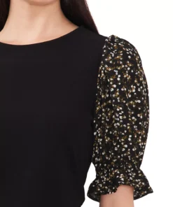 CeCe Women's Mixed-Media Short-Puff-Sleeve Top -CeCe cloth-shop 22854830 fpx