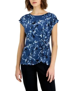 Alfani Women's Printed Crewneck Short-Sleeve Side-Knot Top, Created For Macy's