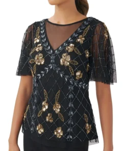 Adrianna Papell Women's Illusion-Detail Beaded Short-Sleeve Blouse