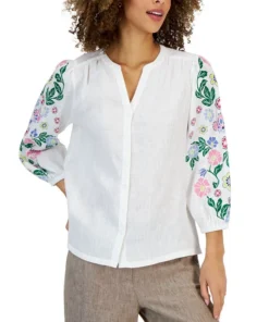 Charter Club Women's Linen Printed Button-Up Top, Created For Macy's