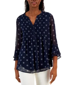 Charter Club Women's Floral 3/4-Sleeve Pintuck Top, Created For Macy's