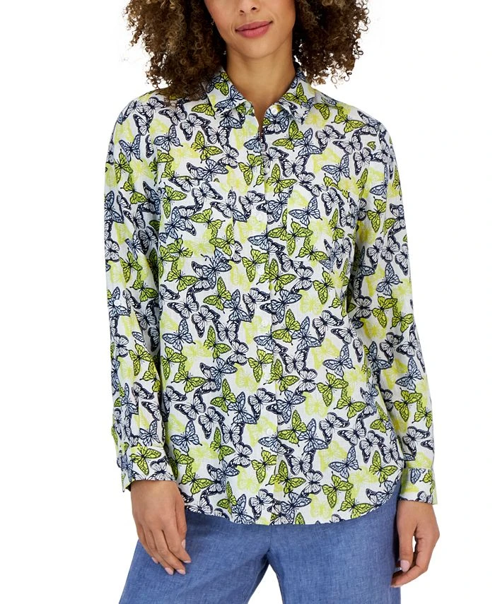 Charter Club Women's Linen Butterfly Tab-Sleeve Shirt, Created For Macy's 1 Charter Club Women's Linen Butterfly Tab-Sleeve Shirt, Created For Macy's
