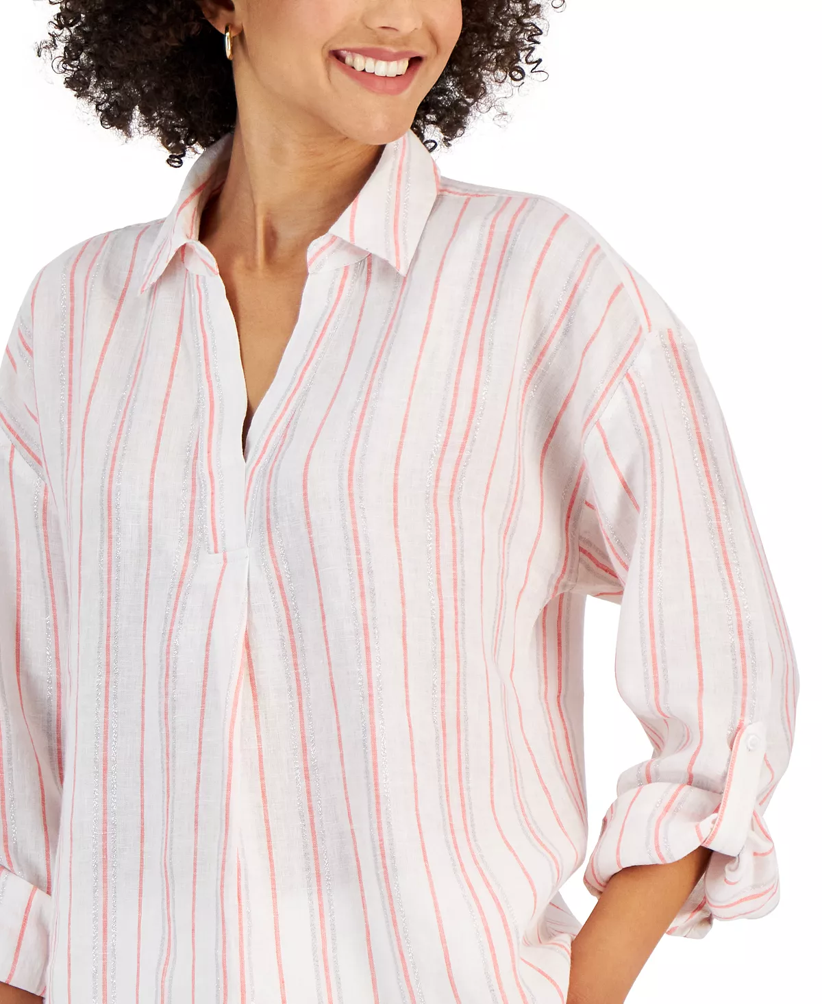 Charter Club Women's Linen Metallic-Stripe Top, Created For Macy's 3 Charter Club Women's Linen Metallic-Stripe Top, Created For Macy's - Image 3