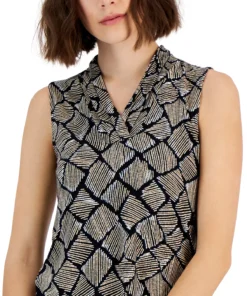 Anne Klein Women's Printed Gathered V-Neck Sleeveless Top -CeCe cloth-shop 22909289 fpx