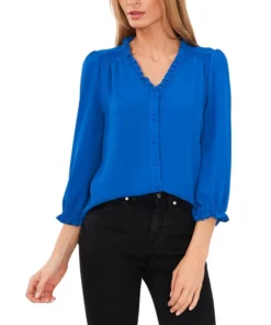 CeCe Women's Ruffled Button-Front Elbow Sleeve Blouse
