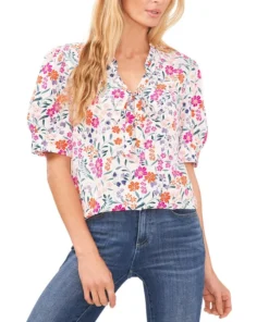 CeCe Women's Floral-Print Tie-Neck Puff-Sleeve Top