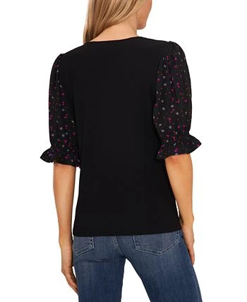 CeCe Women's Mixed Media Puff Sleeve Top 2 CeCe Women's Mixed Media Puff Sleeve Top - Image 2