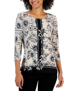JM Collection Women's Jazz Wallpaper 3/4-Sleeve Top, Created For Macy's