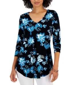 JM Collection Women's Printed V-Neck 3/4-Sleeve Tunic, Created For Macy's -CeCe cloth-shop 22968009 fpx