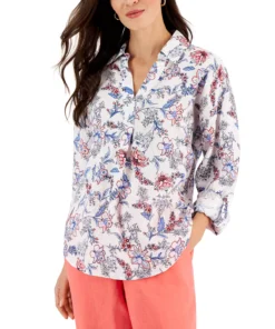 Charter Club Women's Linen Printed Split-Neck Top, Created For Macy's 6 Charter Club Women's Linen Printed Split-Neck Top, Created For Macy's -CeCe cloth-shop 22978976 fpx