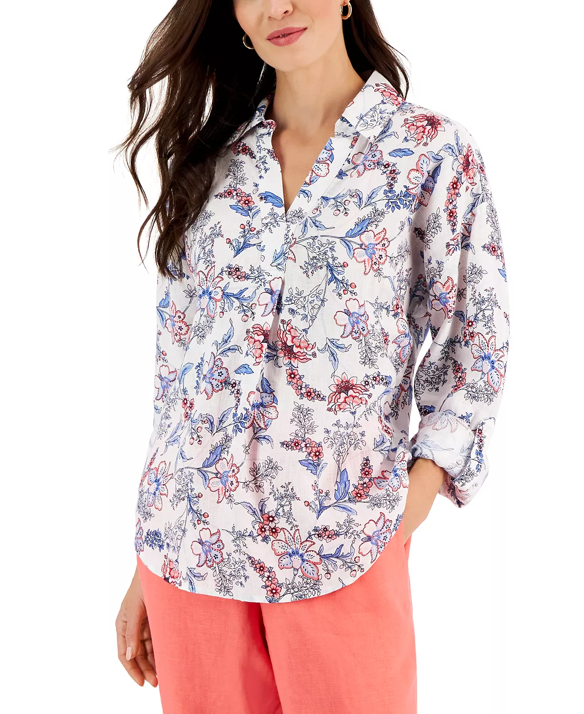 Charter Club Women's Linen Printed Split-Neck Top, Created For Macy's 3 Charter Club Women's Linen Printed Split-Neck Top, Created For Macy's - Image 3