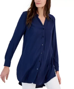 INC International Concepts Women's Roll-Tab Button-Down Long Blouse, Created For Macy's -CeCe cloth-shop 22981974 fpx