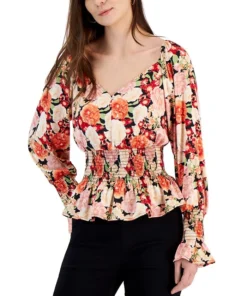 INC International Concepts Printed V-Neck Smocked Blouse, Created For Macy's