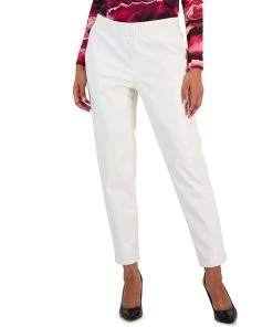 Anne Klein Women's Faux-Leather Pull-On Cinched-Waist Slim Ankle Pants