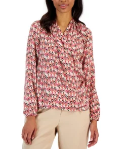 Anne Klein Women's Printed Flat Satin Long-Sleeve Faux-Wrap Draped Blouse