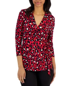Anne Klein Women's Printed 3/4-Sleeve Wrap Top