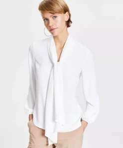 Bar III Women's Tie Neck Cinched Sleeve Blouse, Created For Macy's -CeCe cloth-shop 23033365 fpx
