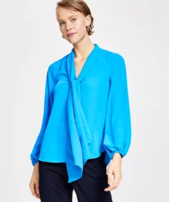 Bar III Women's Tie Neck Cinched Sleeve Blouse, Created For Macy's -CeCe cloth-shop 23033367 fpx