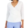 Kasper Women's Faux-Wrap 3/4-Sleeve Eyelet Top