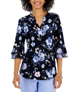 Kasper Women's Floral V-Neck Flutter-Sleeve Top
