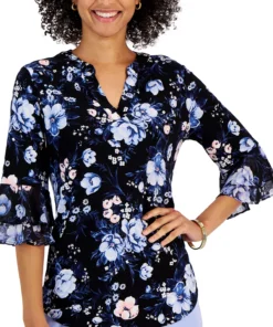 Kasper Women's Floral V-Neck Flutter-Sleeve Top -CeCe cloth-shop 23035459 fpx