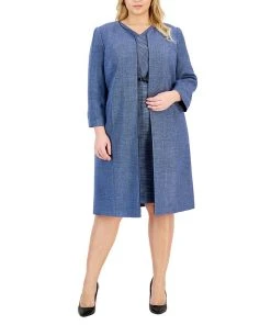 Kasper Plus Size Collarless 3/4-Sleeve Tweed Topper Jacket