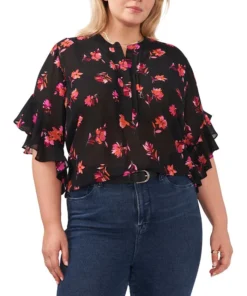 Vince Camuto Plus Size Floral Flutter-Sleeve Blouse