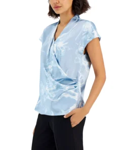 Alfani Women's Printed Satin Short-Sleeve Surplice Top, Created For Macy's -CeCe cloth-shop 23111625 fpx