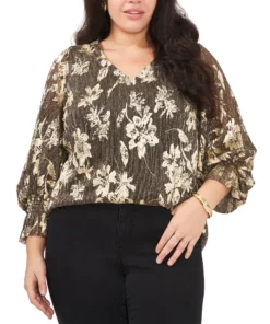 Vince Camuto Plus Size Metallic-Threaded Smocked Top