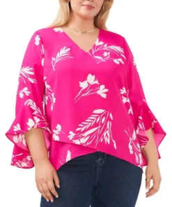 Vince Camuto Plus Size Flutter Sleeve Floral Whisps V-Neck Tunic