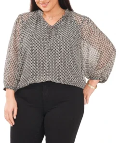 Vince Camuto Plus Size Printed Split-Neck Peasant Top