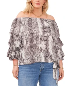 Vince Camuto Plus Size Snakeskin-Print Off-The-Shoulder Bubble-Sleeve Top