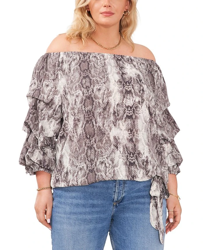 Vince Camuto Plus Size Snakeskin-Print Off-The-Shoulder Bubble-Sleeve Top 1 Vince Camuto Plus Size Snakeskin-Print Off-The-Shoulder Bubble-Sleeve Top
