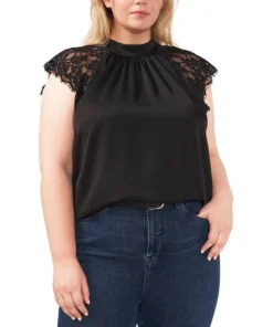Vince Camuto Plus Size Mock-Turtleneck Lace-Sleeve Top