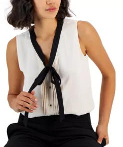 Anne Klein Women's Tie V-Neck Sleeveless Button-Up Blouse -CeCe cloth-shop 23151202 fpx