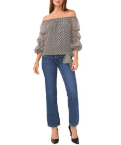 Vince Camuto Women's Printed Off-the-Shoulder Bubble-Sleeve Blouse -CeCe cloth-shop 23186075 fpx
