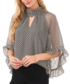 Vince Camuto Women's Printed Mock-Neck Keyhole Fan-Sleeve Blouse