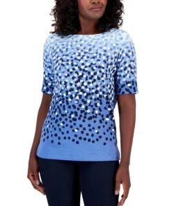 Karen Scott Women's Dot-Print Boat-Neck Elbow-Sleeve Top, Created For Macy's