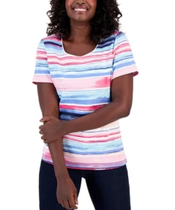 Karen Scott Women's Wave Striped Printed Knit Top, Created For Macy's