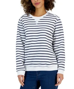 Karen Scott Women's Striped Fleece Crewneck Sweatshirt, Created For Macy's