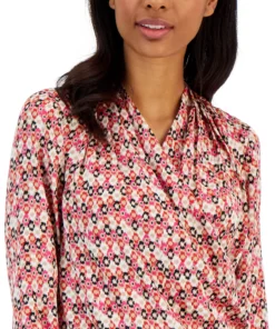 Anne Klein Women's Printed Flat Satin Long-Sleeve Faux-Wrap Draped Blouse -CeCe cloth-shop 23206622 fpx