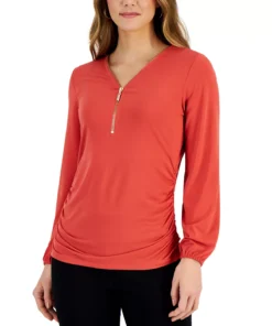JM Collection Women's Zip-Front Ruched Top, Created For Macy's -CeCe cloth-shop 23252690 fpx