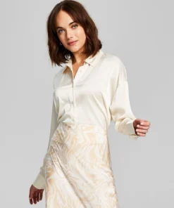 And Now This Women's Drop-Shoulder Button Down Satin Blouse
